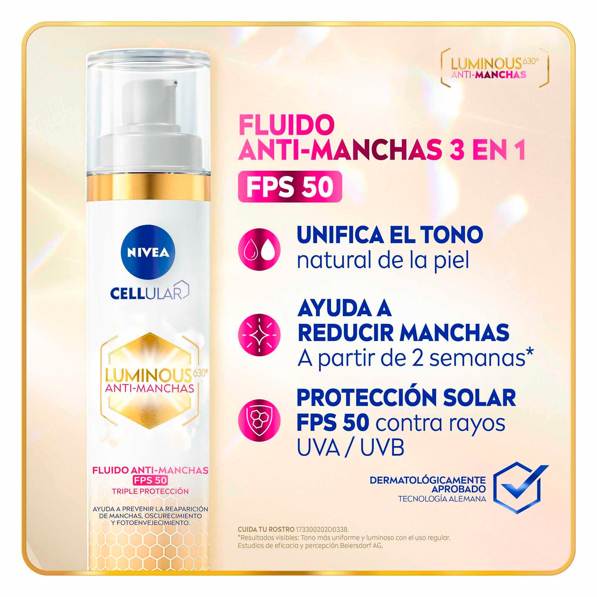 NIVEA Cellular LUMINOUS630 Fluido Facial Aclarador FPS50 | Anti-manchas y Ácido Hialurónico