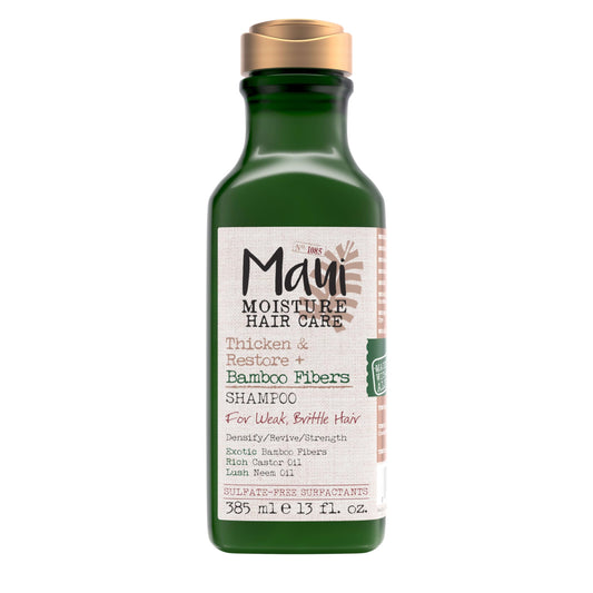 Maui Moisture, Thicken & Restore + Bamboo Fibers, Shampoo, Repara y Suaviza, Brinda Volumen a Cabello Rizado, Ondulado y Definido, Sin Parabenos, Fibra de Bamboo, 385 ml