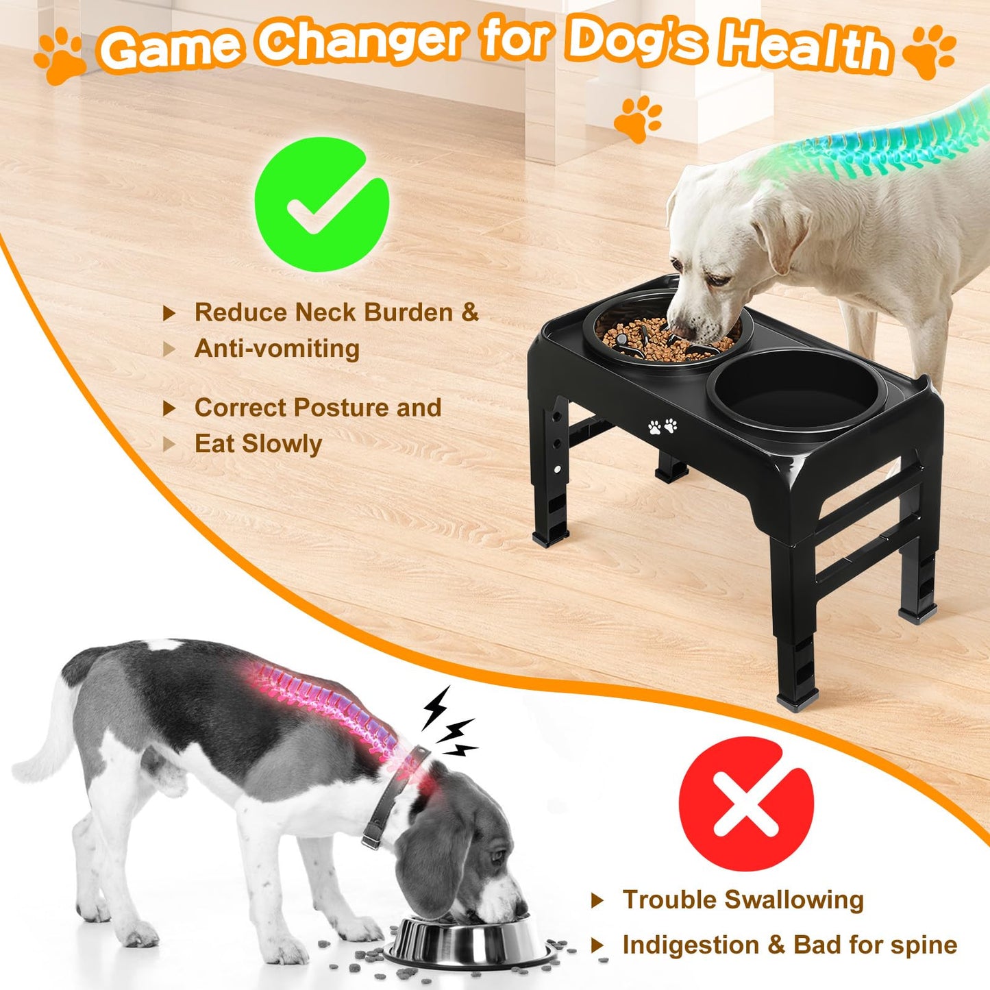 COMESOON SELPONT Bowls Slow Feeder with No Spill Dog Water Bowl 4 Height Adjustable Raised Dog Bowl Stand for Food and Water, Non-Slip Dog Feeder for Medium Large Dogs, Black