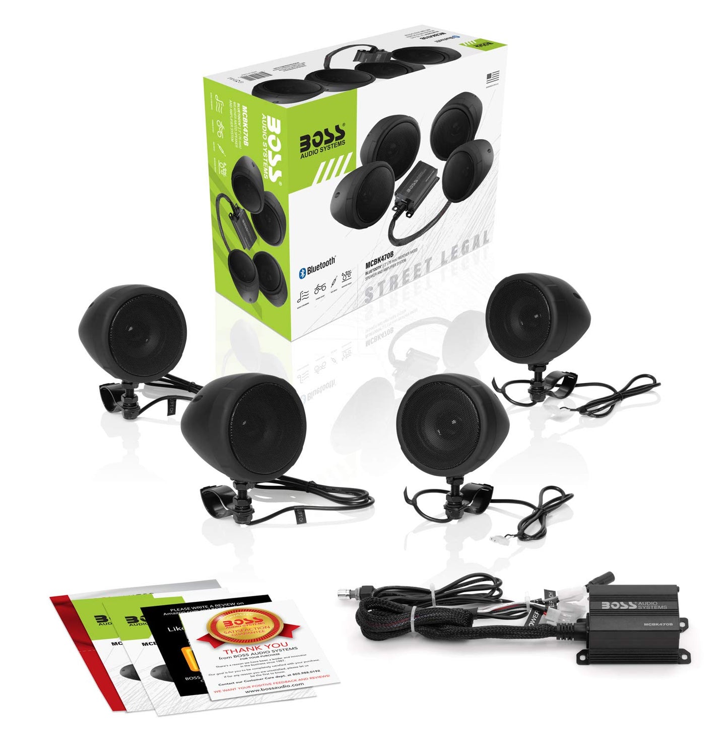 BOSS Audio MCBK470B Black 1000 Watt Motorcycle/ATV Sound System with Bluetooth Audio Streaming, Two Pairs of 3 Inch Weather Proof Speakers, Aux Input and Volume Control