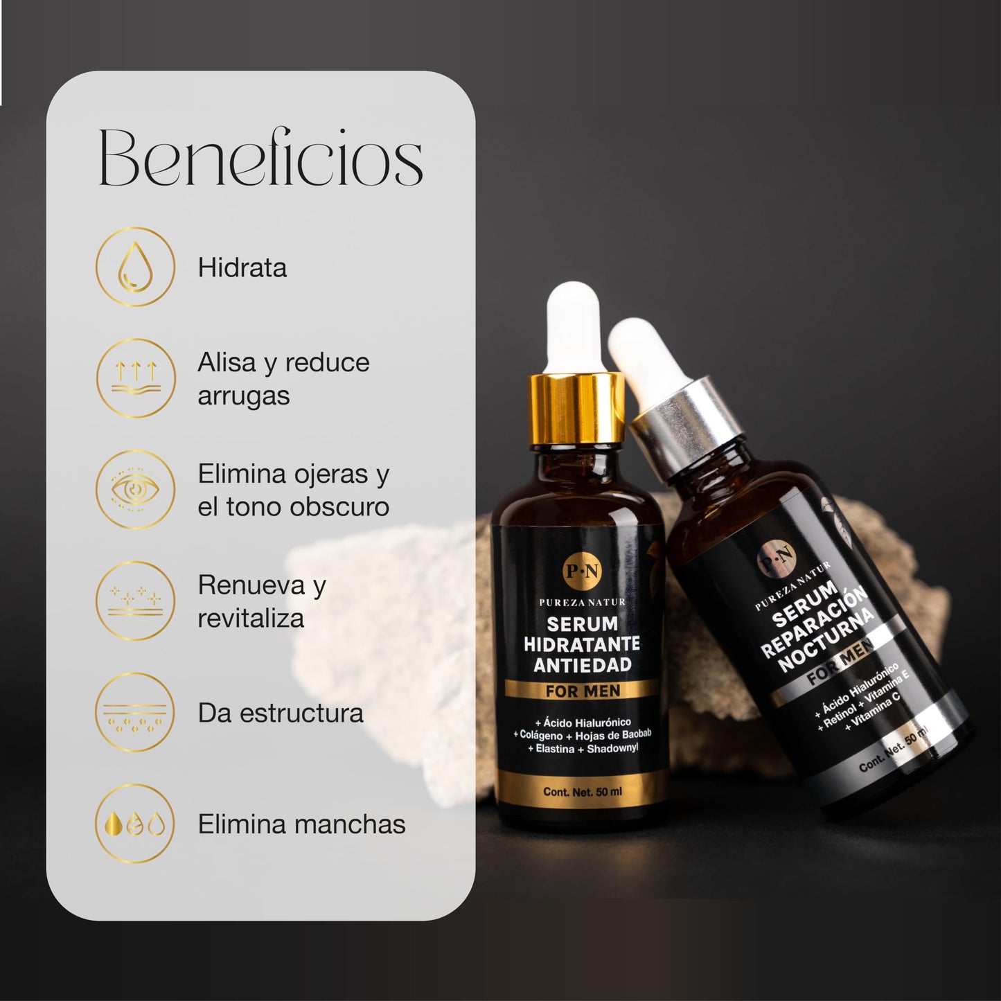 PUREZA NATUR Pack de cuidado facial para hombre completo con serum de día y de noche | Hidratación, proteccion y regeneración paquete
