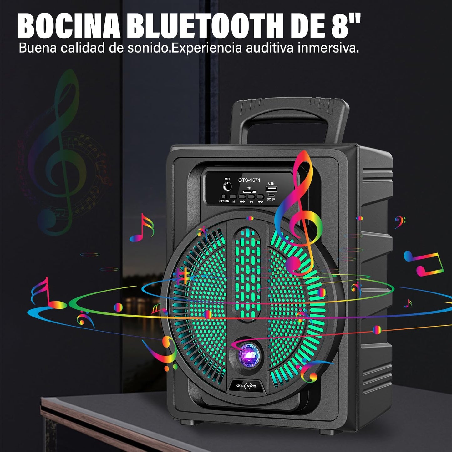 LINK BITS Bocina Bluetooth de 8 Pulgadas, Bocinas Altavoces Speaker Inalámbricos| RGB Luz Led | Sonido Estéreo | Viajes Música, Trabajo, Juegos | para iPhone, Android y PC(USB/TF/Mic)