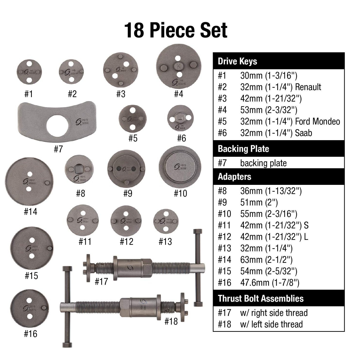 Sunex Tools 3930 Master - Juego de herramientas de pinza de freno de disco y kit de viento, compresor, juego de herramientas esparcidor para reemplazo de pastillas de freno con pernos de empuje magnéticos, 18 piezas