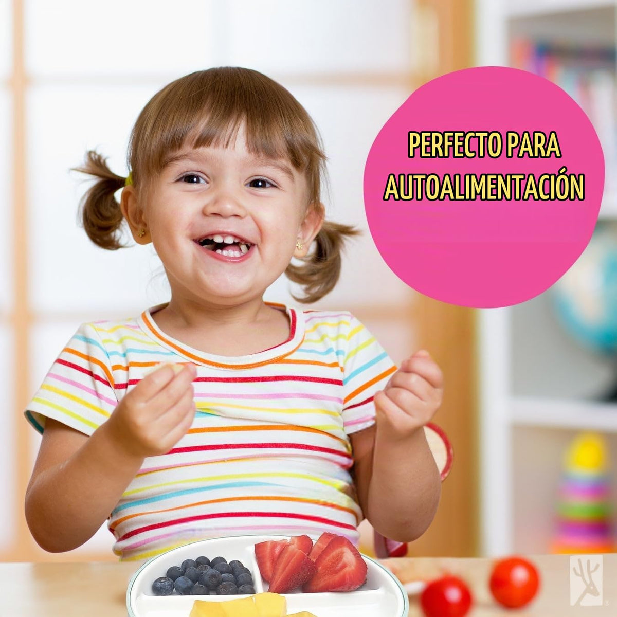 Elk and Friends Kids - Platos divididos de porcelana blanca de 6.7 pulgadas con mangas de succión de silicona + tapas, adecuados para bebés/niños pequeños, aptos para microondas y lavaplatos, vajilla