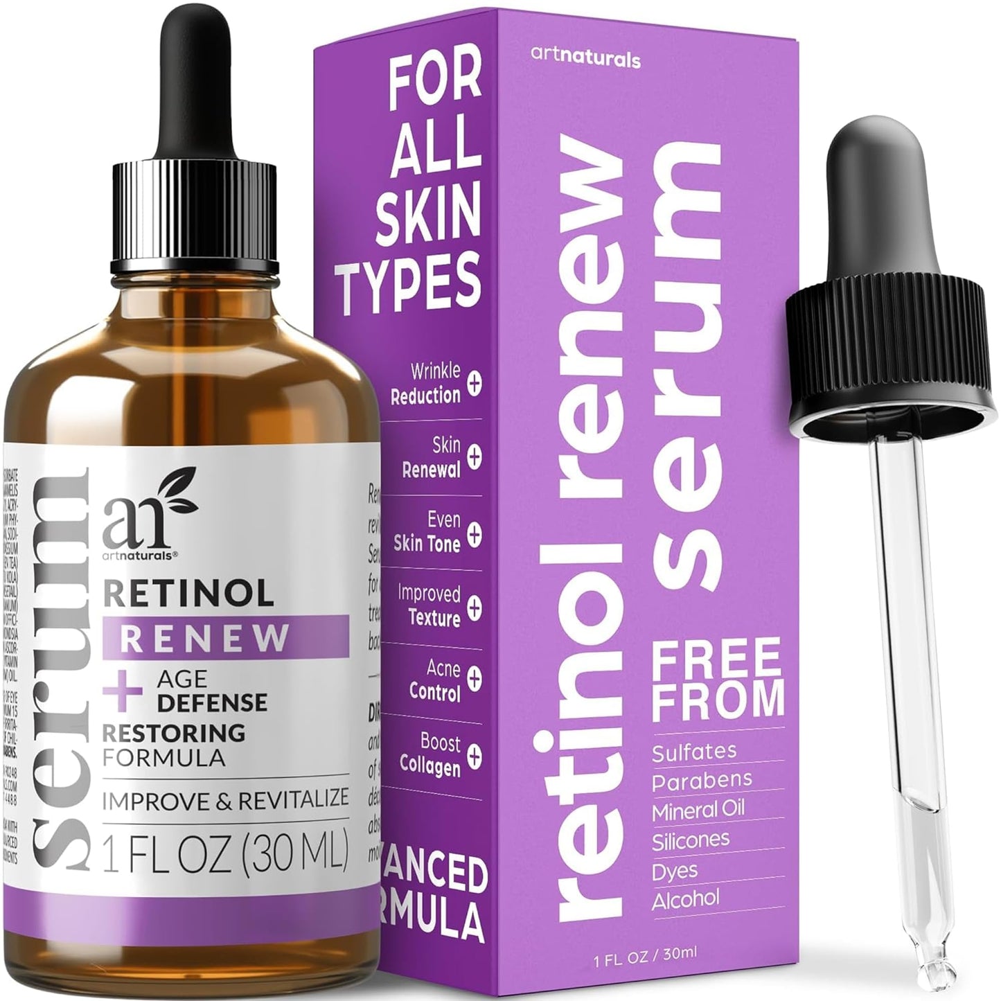 Art Naturals Suero de retinol mejorado 2,5% con 20% de vitamina C y ácido hialurónico 1 oz, el mejor suero antiarrugas y antienvejecimiento para rostro y piel sensible - Ingredientes orgánicos de fuerza clínica - Terapia nocturna de Art Naturals