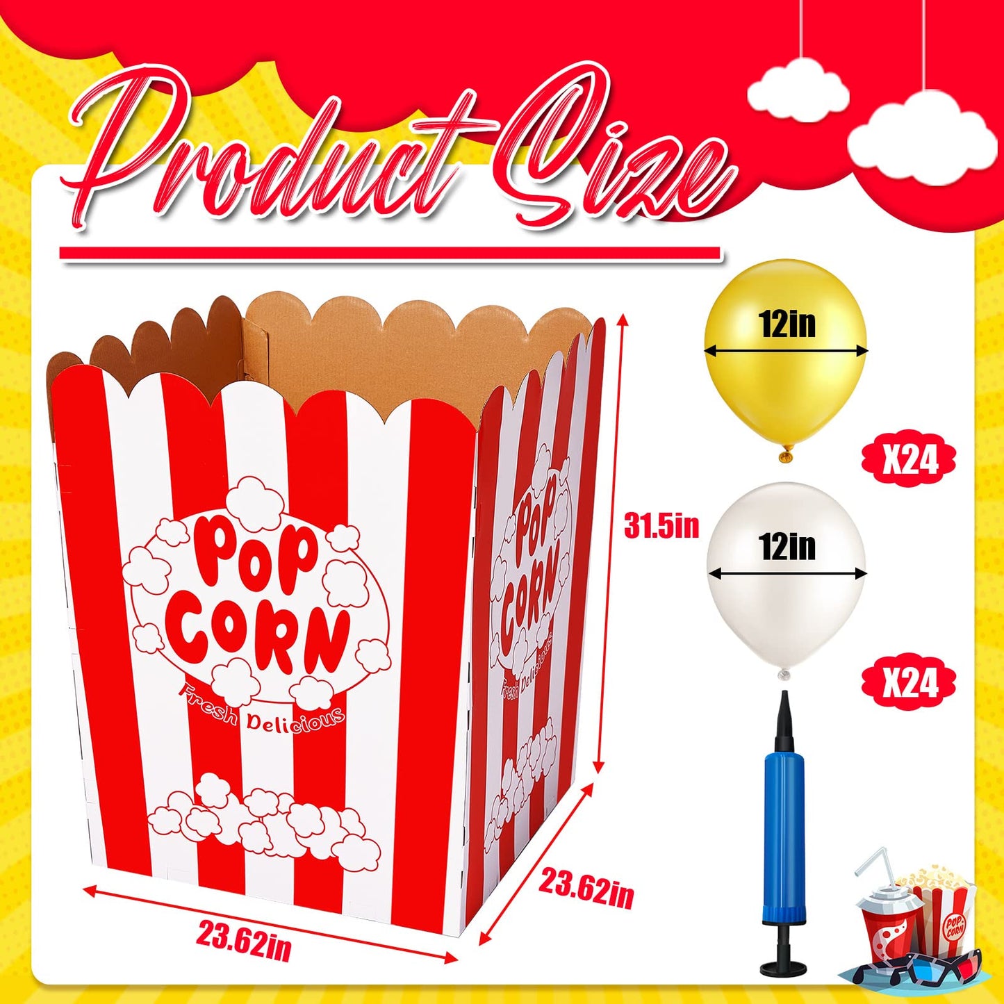 Caja de Popcorn Gigante con Globos y Bomba de Globos Soporte de Exhibición de Palomitas de Maíz de Cartón Grande Decoraciones de Utilería de Palomitas de Maíz para Noche de Cine, Carnaval (50 Piezas)