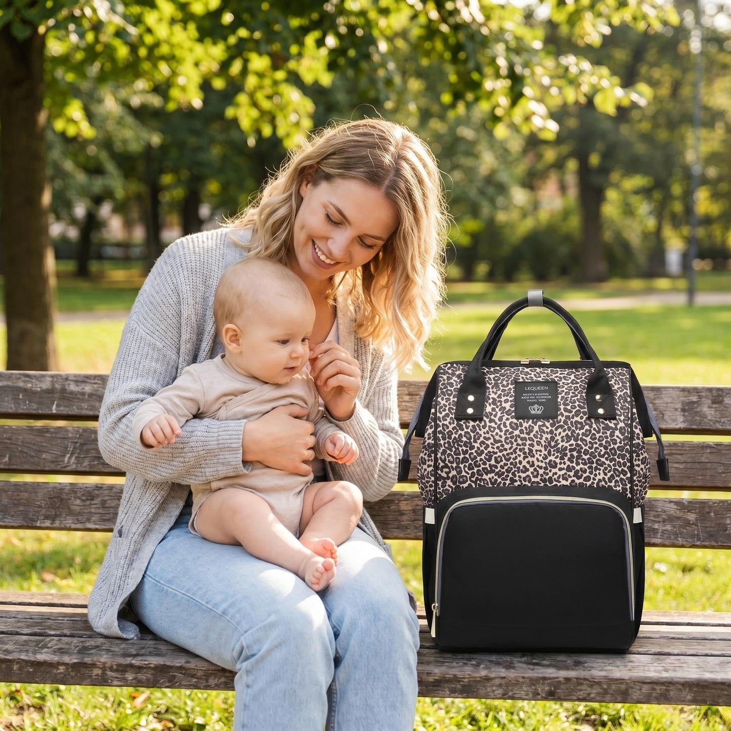 Bolsas de pañales con estampado de leopardo, multifuncional, bolsa de pañales para cuidado del bebé, mochila de viaje, gran capacidad, café