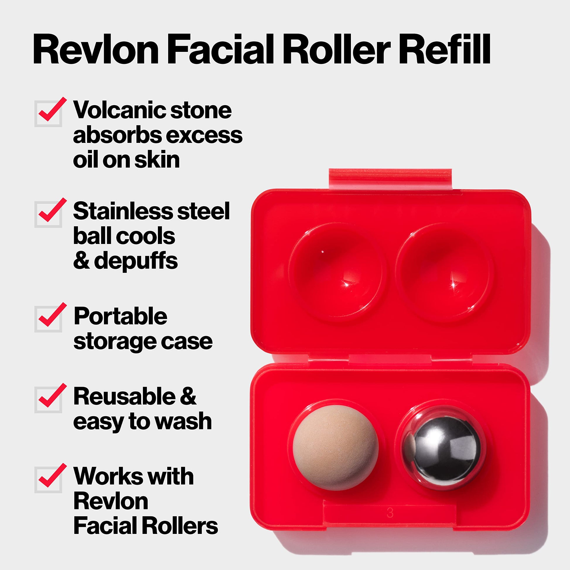 Revlon Oil Absorbing & Cooling Facial Roller Refill Pack with Stainless Steel & Lava Stones in Storage Case, Eco-Friendly, Easy to Clean, 1 count