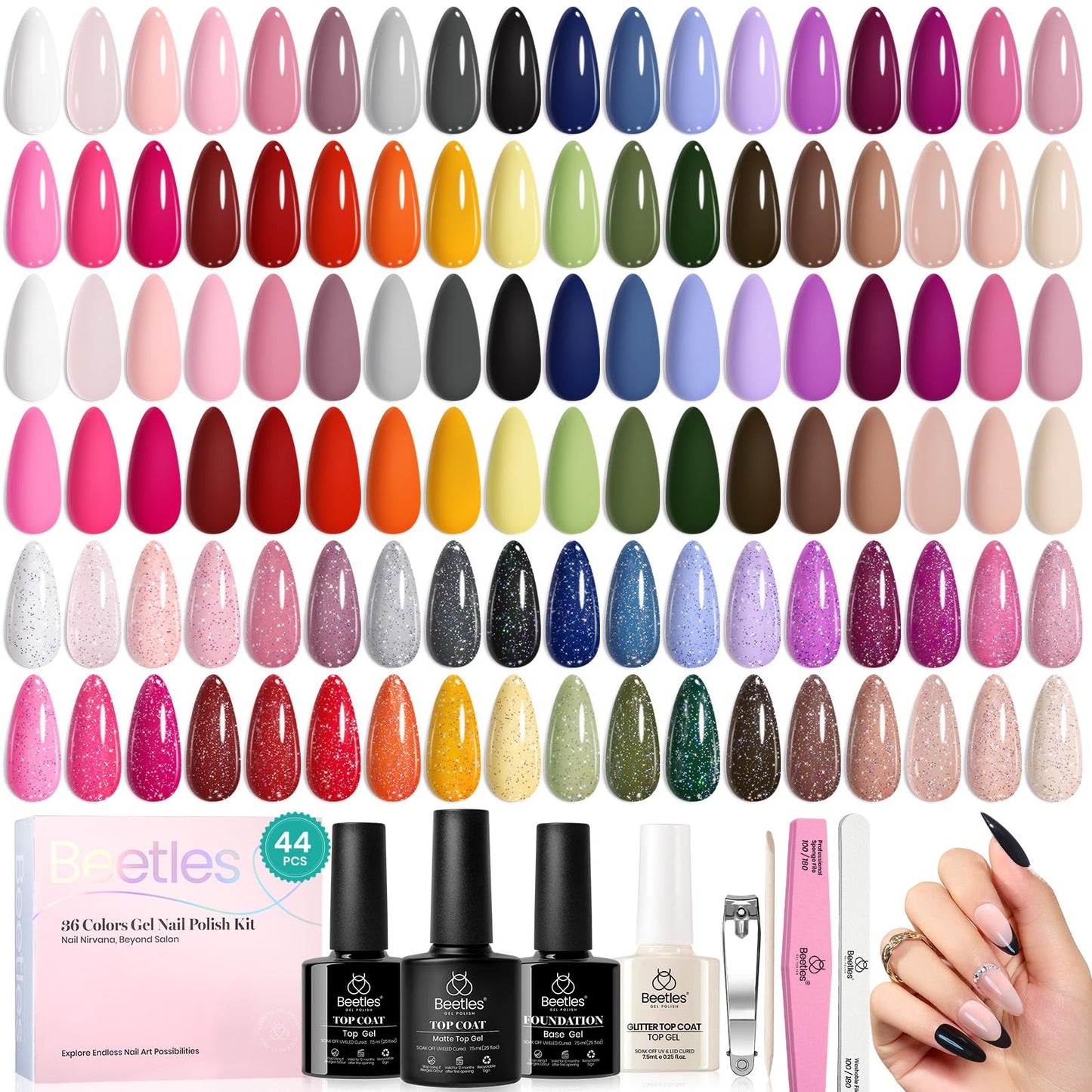 Escarabajos Esmalte en Gel 44 PCS Esmalte en Gel Set - 36 Colores Esmalte en Gel Set Capa Base Brillante Mate y Brillante Capa Superior Colección Muse Colorida Regalos para Mujeres Verano