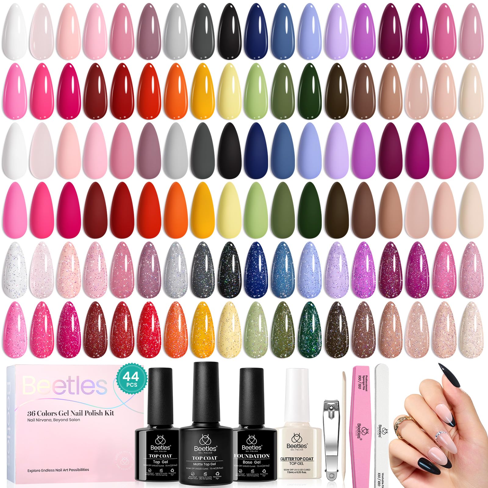 Escarabajos Esmalte en Gel 44 PCS Esmalte en Gel Set - 36 Colores Esmalte en Gel Set Capa Base Brillante Mate y Brillante Capa Superior Colección Muse Colorida Regalos para Mujeres Verano