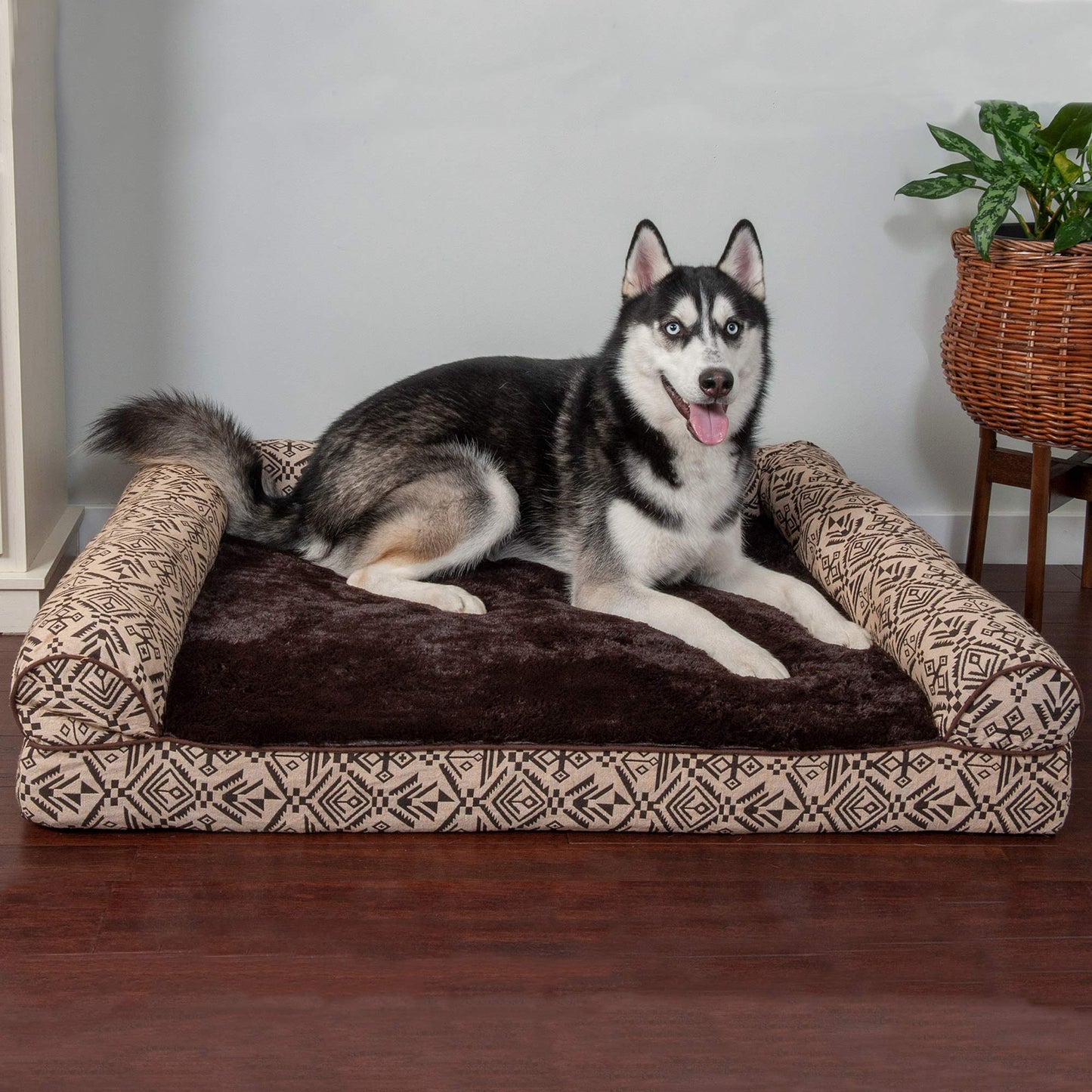 Furhaven XL Orthopedic Dog Bed Plush & Southwest Kilim Decor Sofa-Style w/Removable Washable Cover - Desert Brown, Jumbo (X-Large)