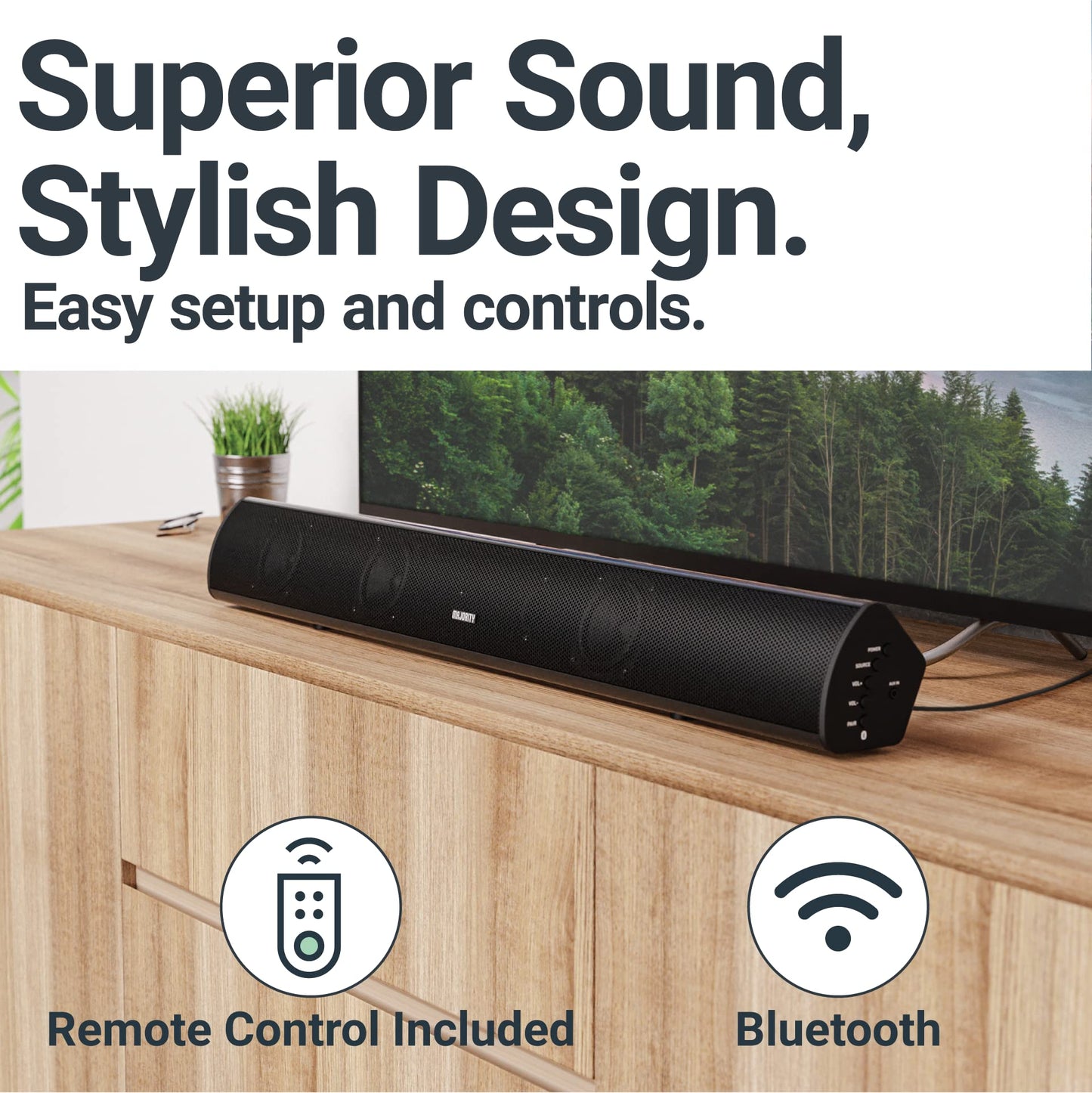 Majority - Potente barra de sonido estéreo de 120 W para TV, sonido de 2.1 canales, barra de sonido 3D de cine en casa con subwoofer incorporado | HDMI ARC, Bluetooth, óptico, RCA, USB y reproducción