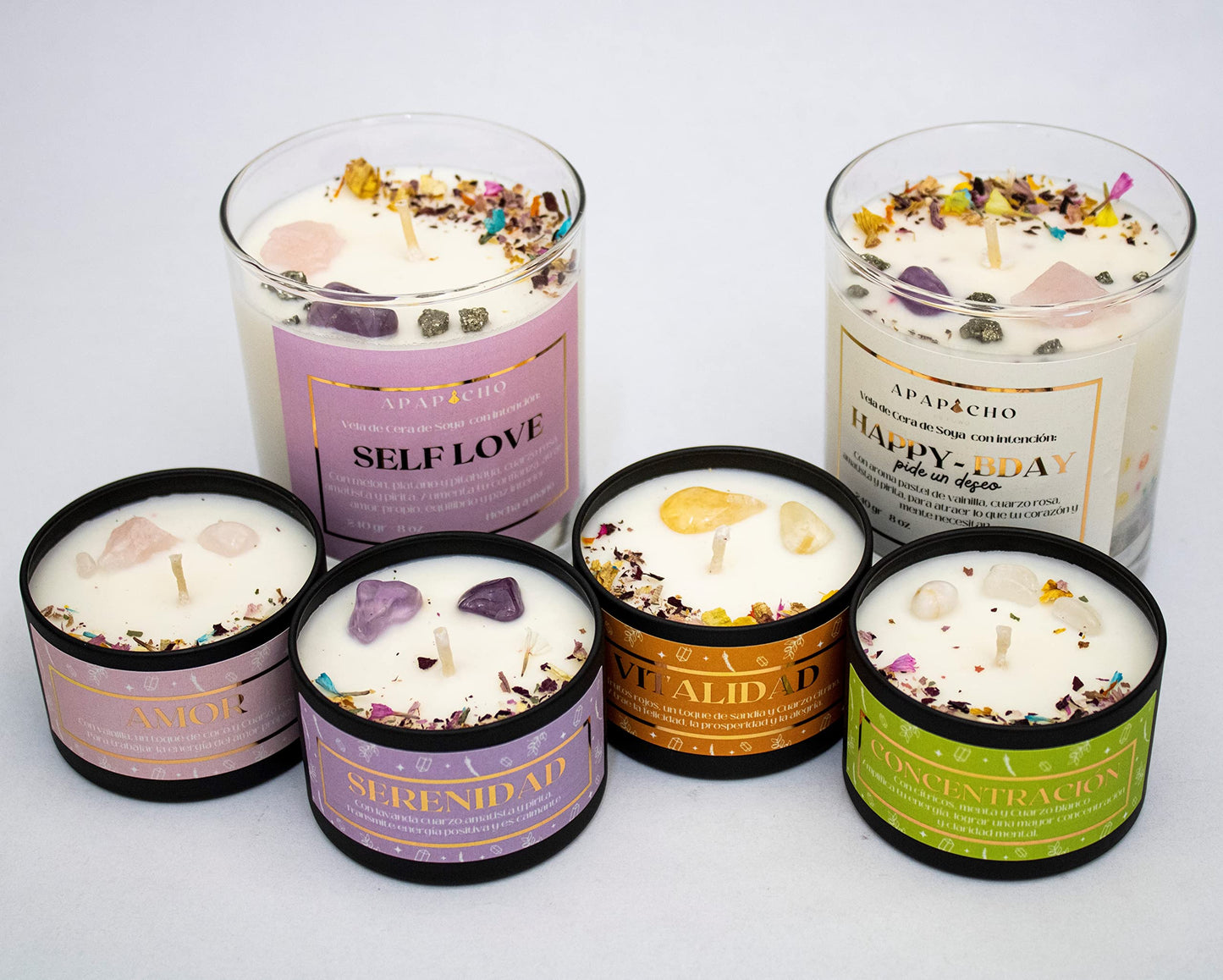 Fuwu, velas aromaticas relajantes Happy Birthday de cera de soya con cuarzos naturales, velas decorativas hechas a mano, aromatizantes para hogar, regalos de cumpleaños (Pastel de vainilla)