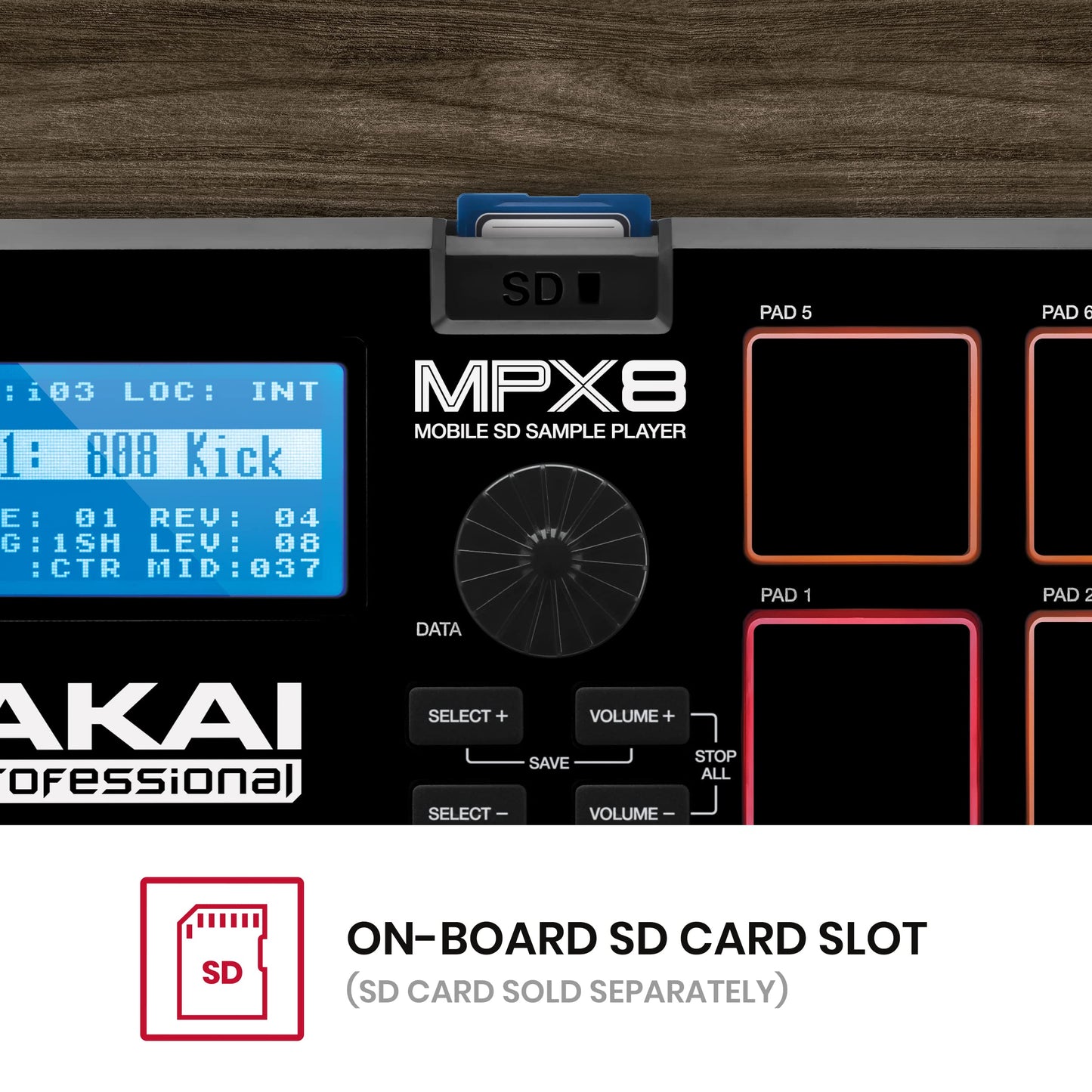 AKAI Professional MPX8 - Controlador MIDI y lanzador de samples portátil USB con 8 pads sensibles a la velocidad y ranura para tarjeta SD