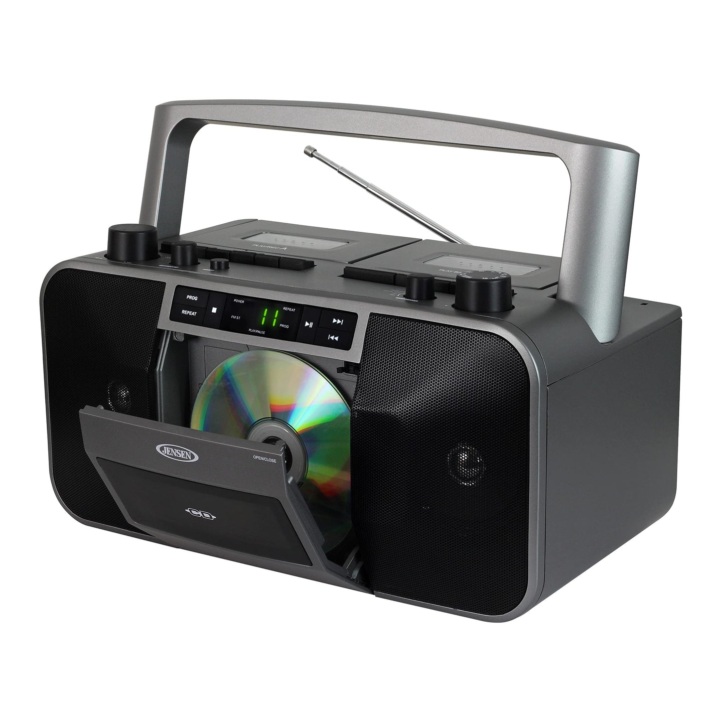 Jensen MCR-1500 Reproductor de CD y Casetes Portátil con Radio AM/FM, Estéreo, Gris, Compatible con CD y MP3, Conectividad Auxiliar y Auricular