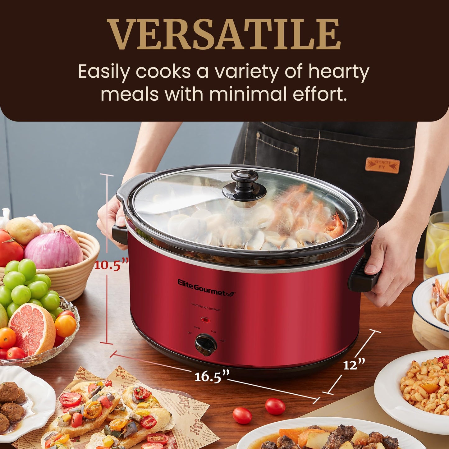 Elite Gourmet MST-900RXT# - Olla lenta de cerámica eléctrica XL, temperatura ajustable, entrantes, salsas, guisos y inmersiones, tapa de vidrio y vajilla aptas para lavaplatos, 8.5 cuartos de galón,
