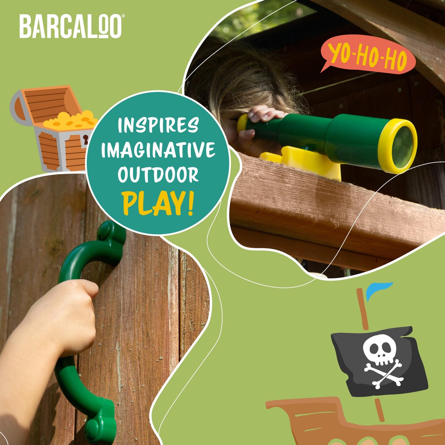 Accesorios para patio de juegos al aire última intervensión para niños, telescopio pirata, volante, barras de mango de seguridad verde, equipo de parque infantil, patio trasero, casa de juegos, gimnasio de la selva, columpio, barco pirata