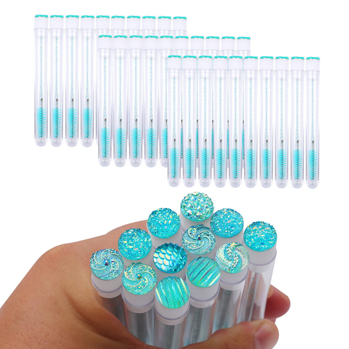 60 pinceles desechables para pestañas y pestañas con forma de diamante, para maquillaje, varita de máscara en tubo sanitario, suministros para pestañas (turquesa)