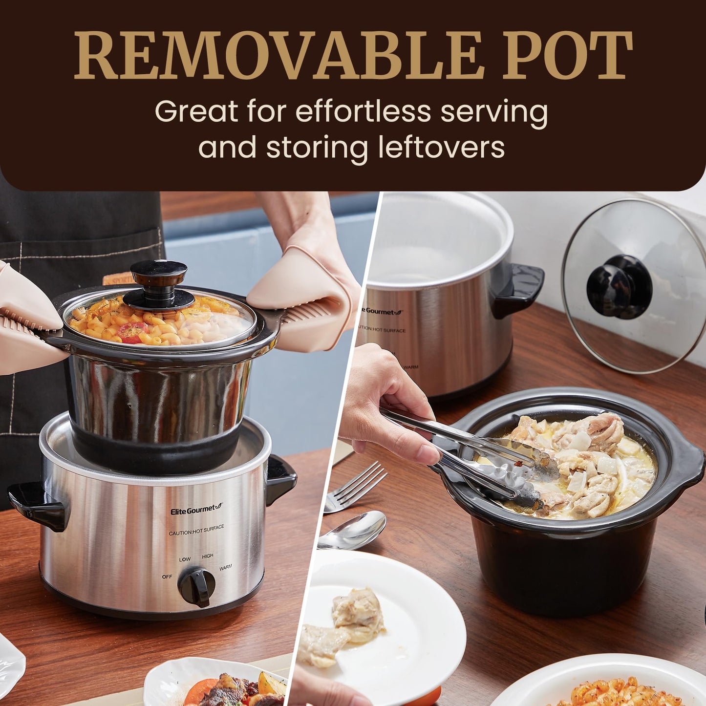 Elite Gourmet - Olla de cocción lenta eléctrica MST-250XS, temperatura ajustable, platos principales, salsas, guisos y salsas, tapa de vidrio para lavavajillas y olla de cerámica, capacidad de 1.5 cuartos de galón, acero inoxidable