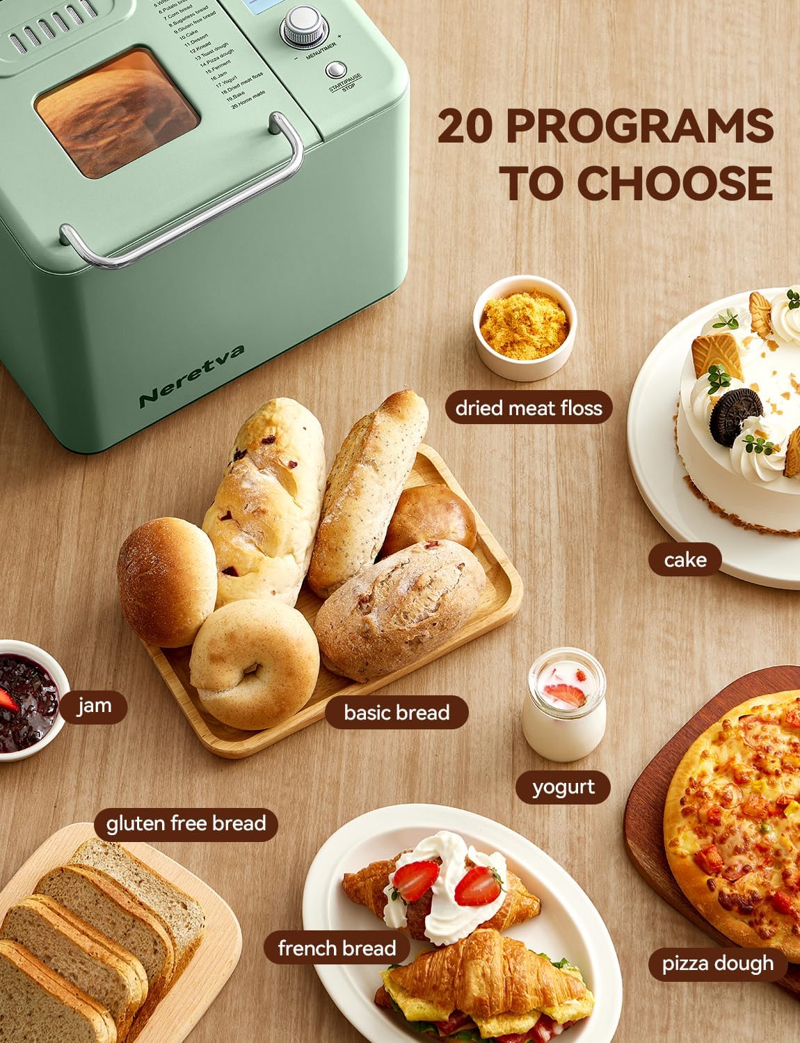 Máquina de Pan Neretva Acero Inoxidable Compacta Antiadeherente Doble Calentador 20 en 1 para Pan sin Gluten, Masa Madre o Trigo Integral