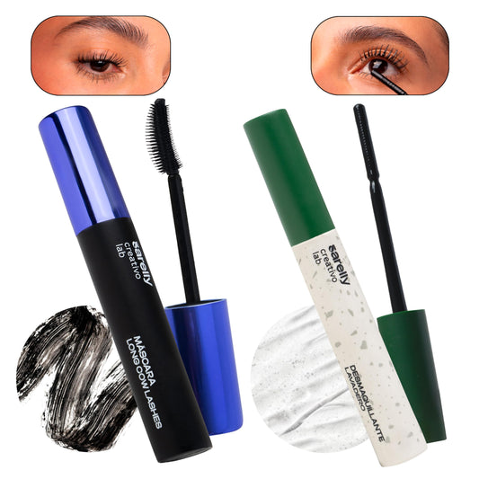 SARELLY CREATIVO LAB | Kit Mascara de Pestañas Long Cow Lashes + Desmaquillante de Ojos Lavadero | Completa tu Cosmetiquera de Viaje - Cosmetiquera para Maquillaje y Bolsa de Maquillaje | Kit Skincare