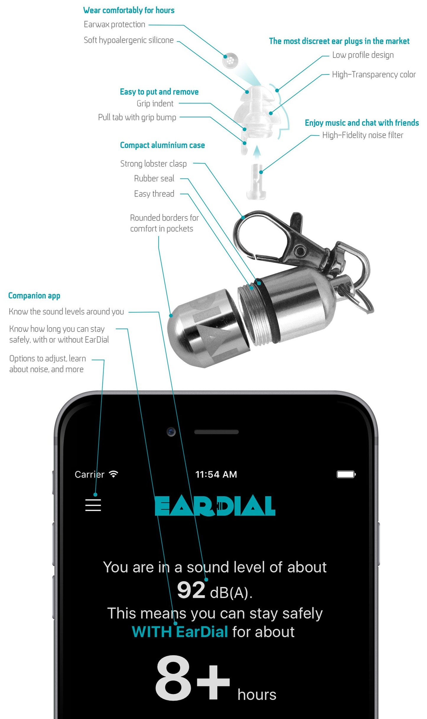 Tapones de Oídos EarDial Transparente Alta Fidelidad Confort para Concierto y Festival
