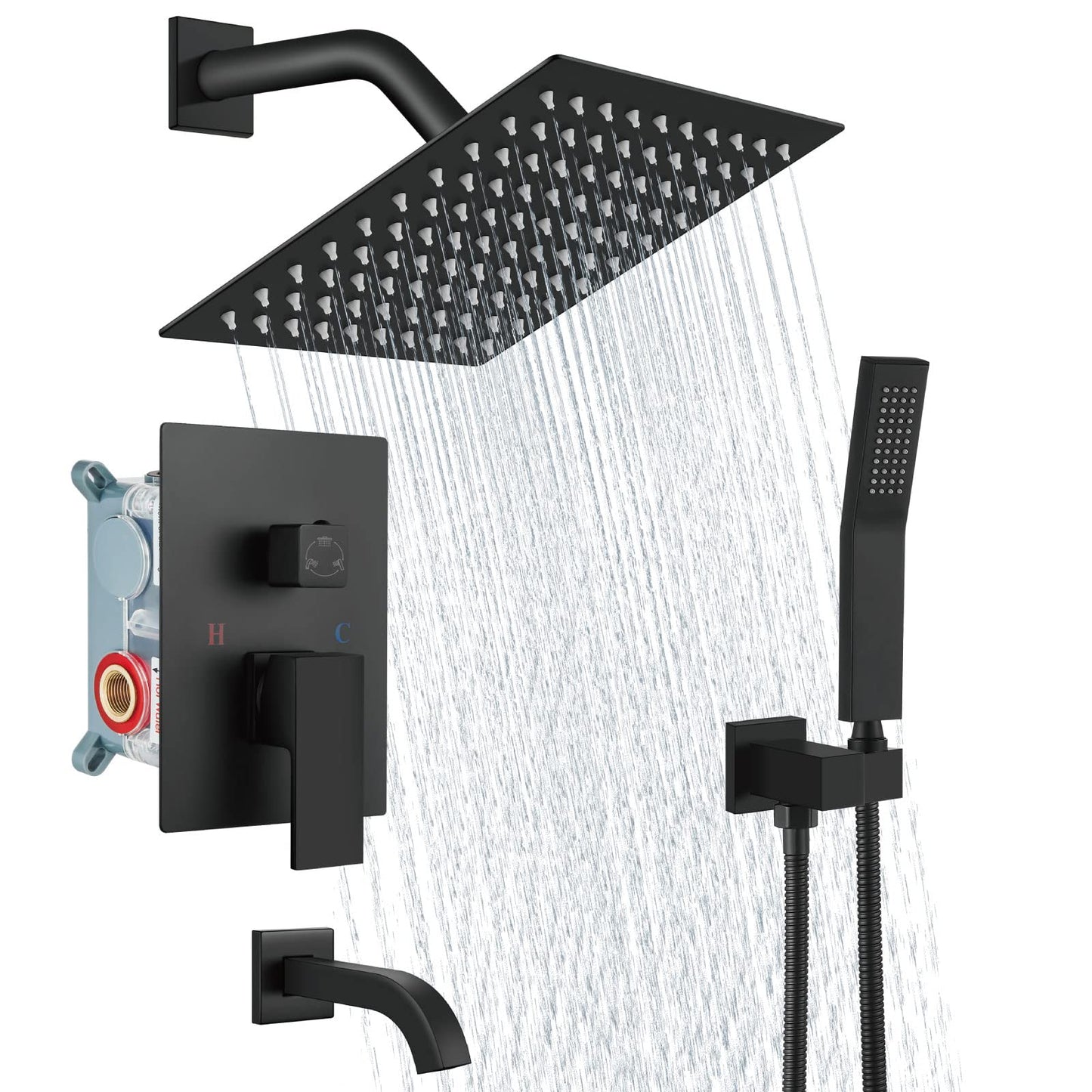 Aolemi Sistema de ducha de lluvia de 8 pulgadas, color negro mate, juego combinado con cabezal de ducha con relleno de tina, ducha de mano de lujo, válvula empotrada incluida, montaje en pared, llave mezclador de ducha