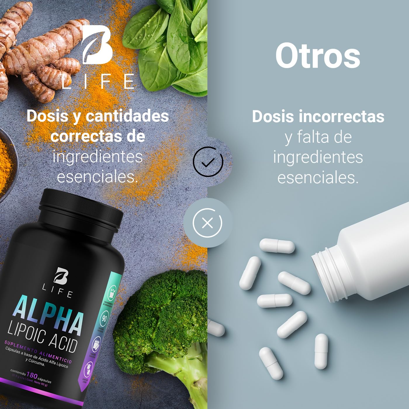 Ácido Alfa Lipoico Cápsulas B Life con Cúrcuma 1000 mg Ingredientes Naturales