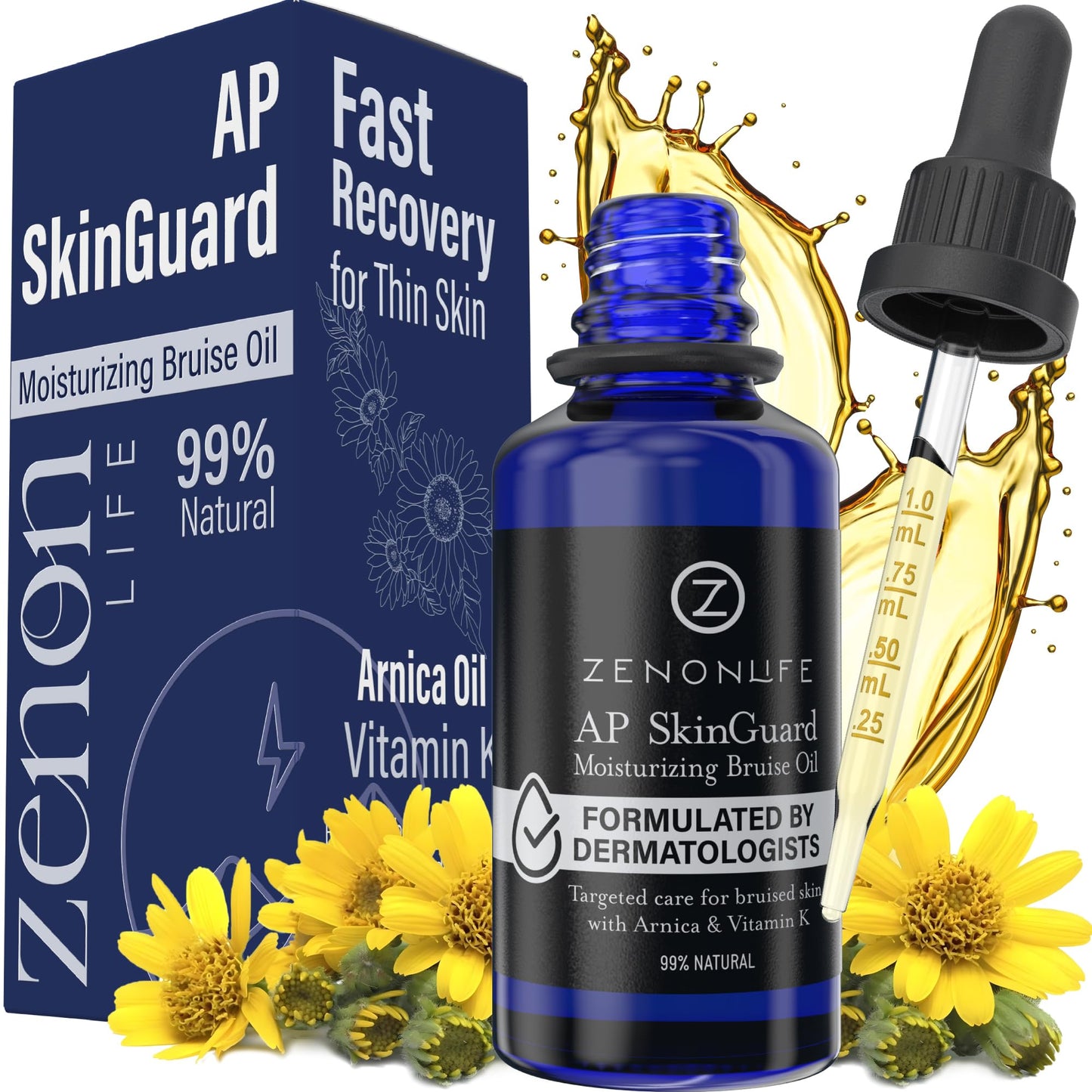 ZENON LIFE- Aceite de árnica para hematomas, vitamina K ultraconcentrada; alternativa de aplicación deslizante y no pegajosa a la crema para hematomas.