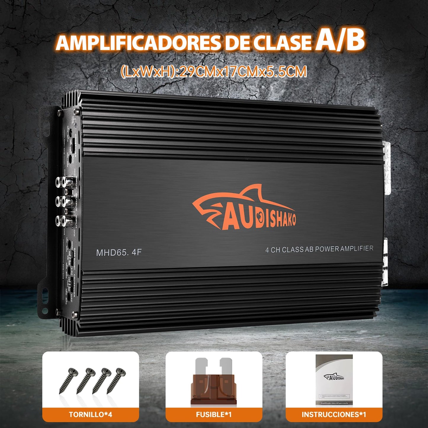 AUDISHAKO 1000W Amplificador de Audio de 4 Canales,Amplificador para Auto de Clase A/B, 2 Ohm 130W x 4 Canales para Motocicletas, Coches Deportivos y Otros Sistemas de Audio para Coche