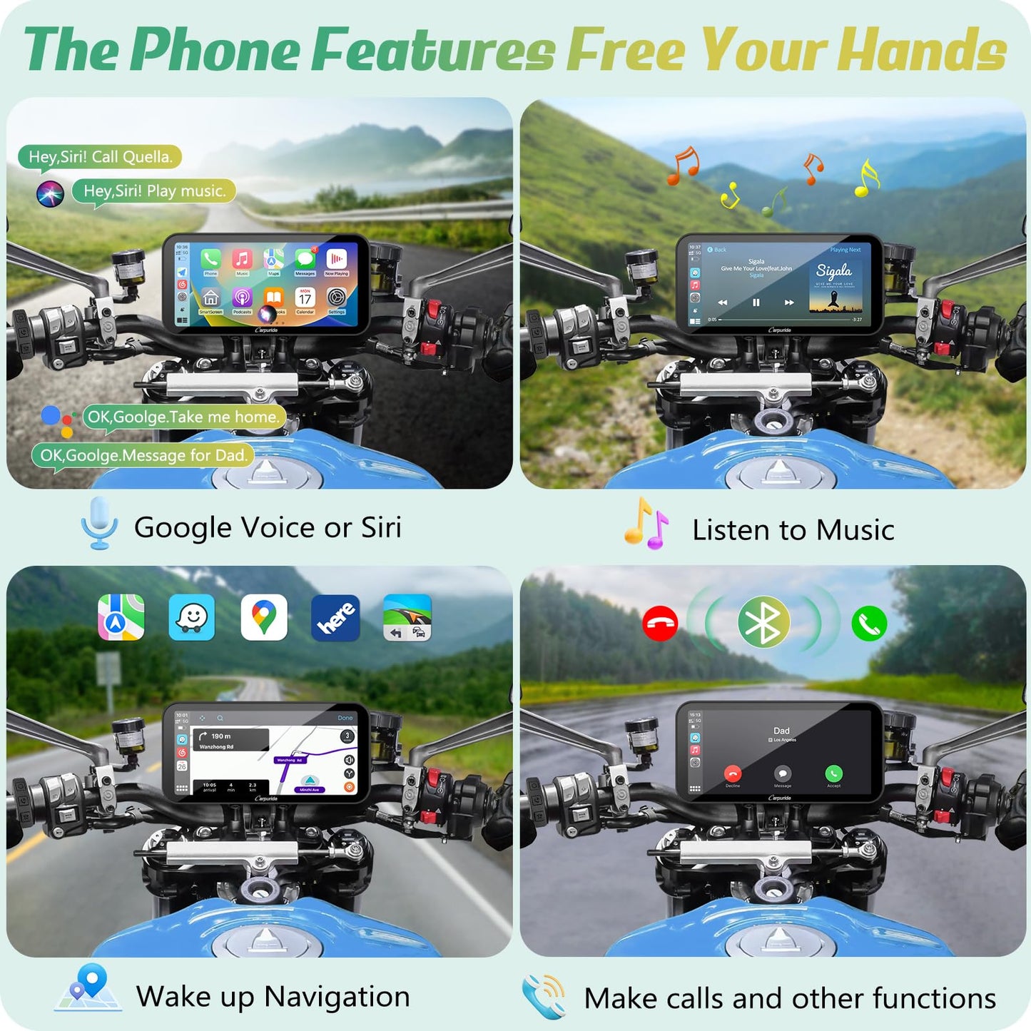 Carpuride W603D - visualización GPS Carplay para motocicleta, inalámbrica CarPlay y Android Auto para Moto, con cámaras duales HD 1080P, control remoto, visualización táctil impermeable de 6.3