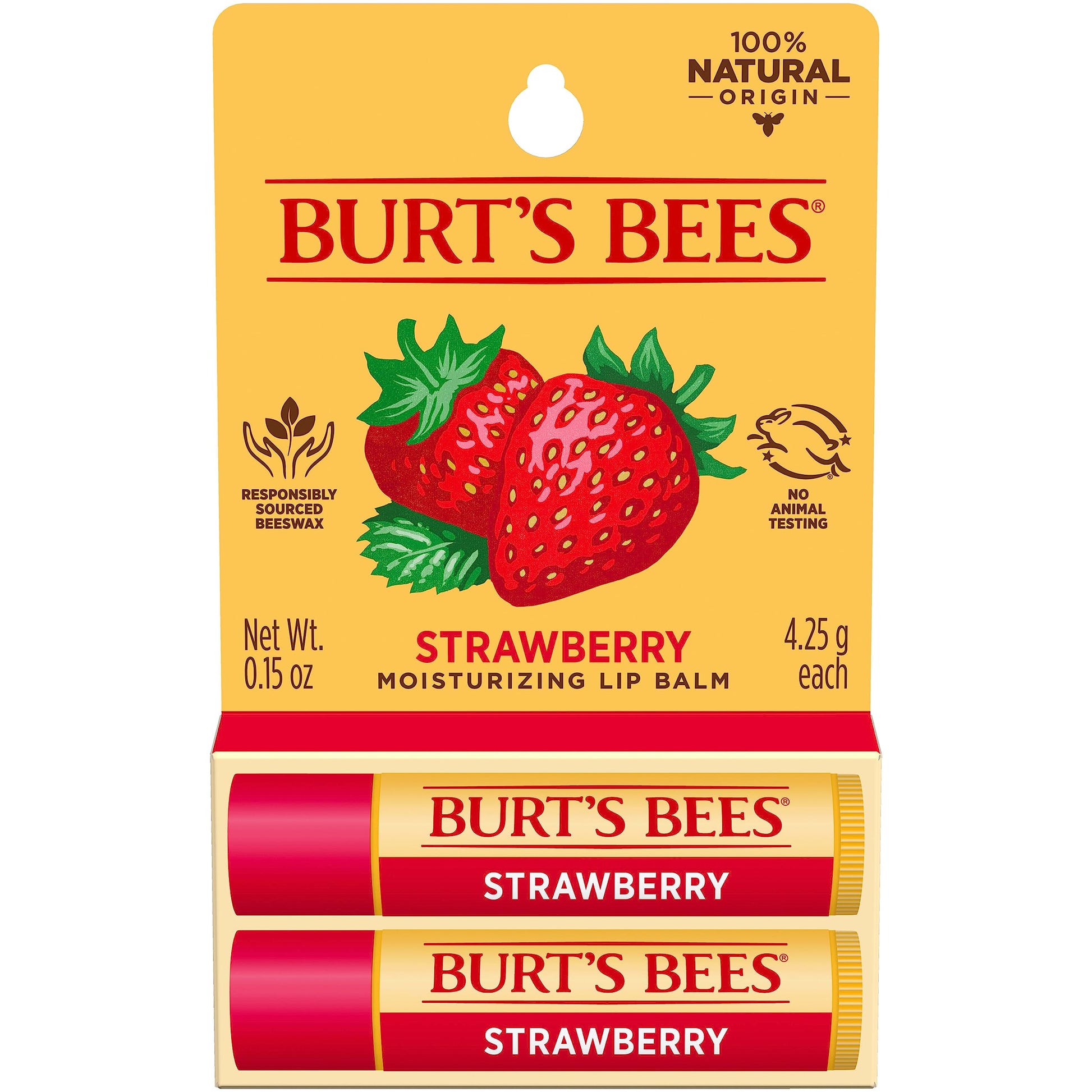 Burt's Bees 100% Natural Moisturizing Lip Balm, Strawberry with Beeswax & Fruit Extracts - 2 Tubes