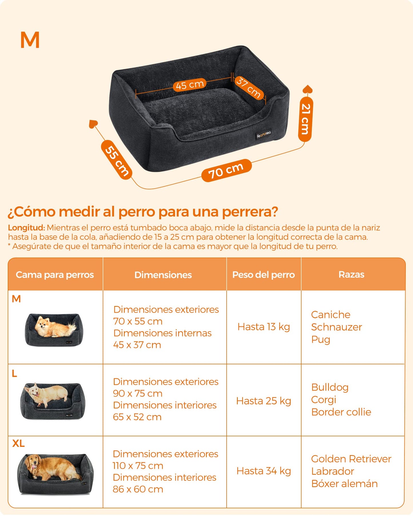 Feandrea Cama para Perros, Sofá para Mascotas, 70 x 55 x 21 cm, Bordes Elevados, M, para Perros Pequeños, Gris Oscuro MPGW010G01