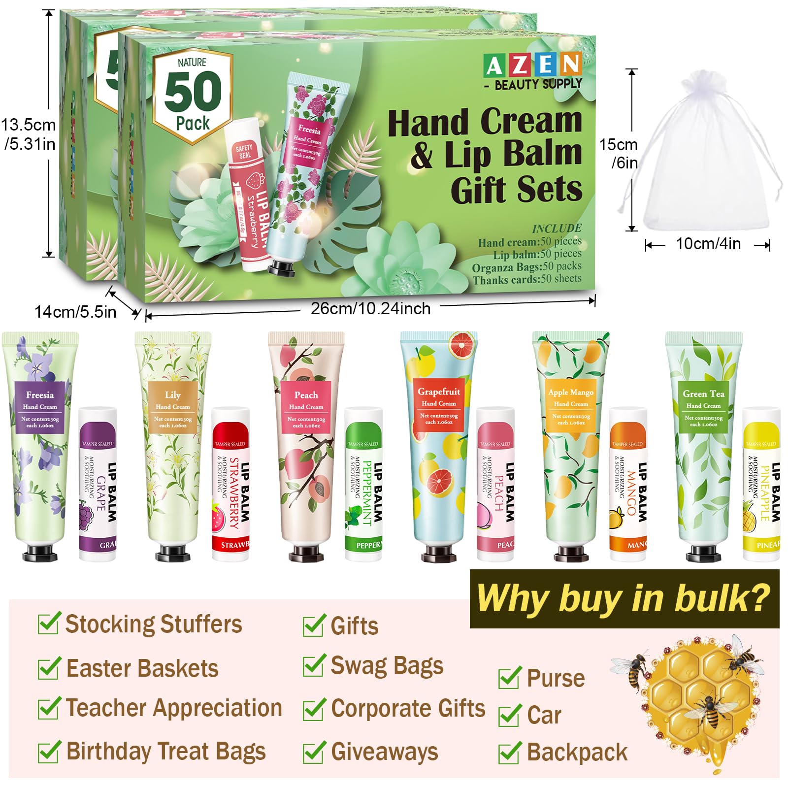 Set de Cremas de Manos y Bálsamos Labiales AZEN a Granel con Bolsa de Organza para Despedida de Soltera