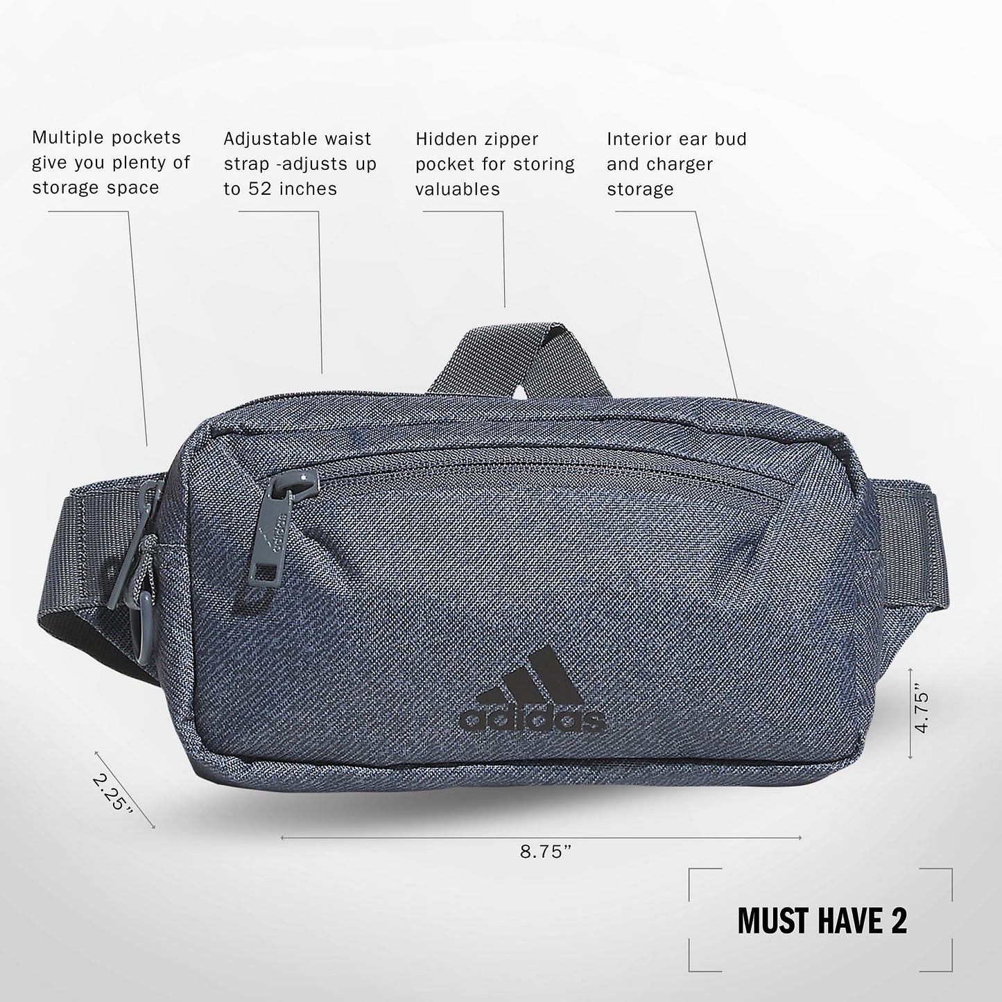 adidas Must Have 2.0 - Riñonera cruzada con correa ajustable para festivales y viajes, sarga Onix Gris/Onix Grey, Una talla, Bolsa de cinturón 2.0 imprescindible con correa ajustable para festivales y