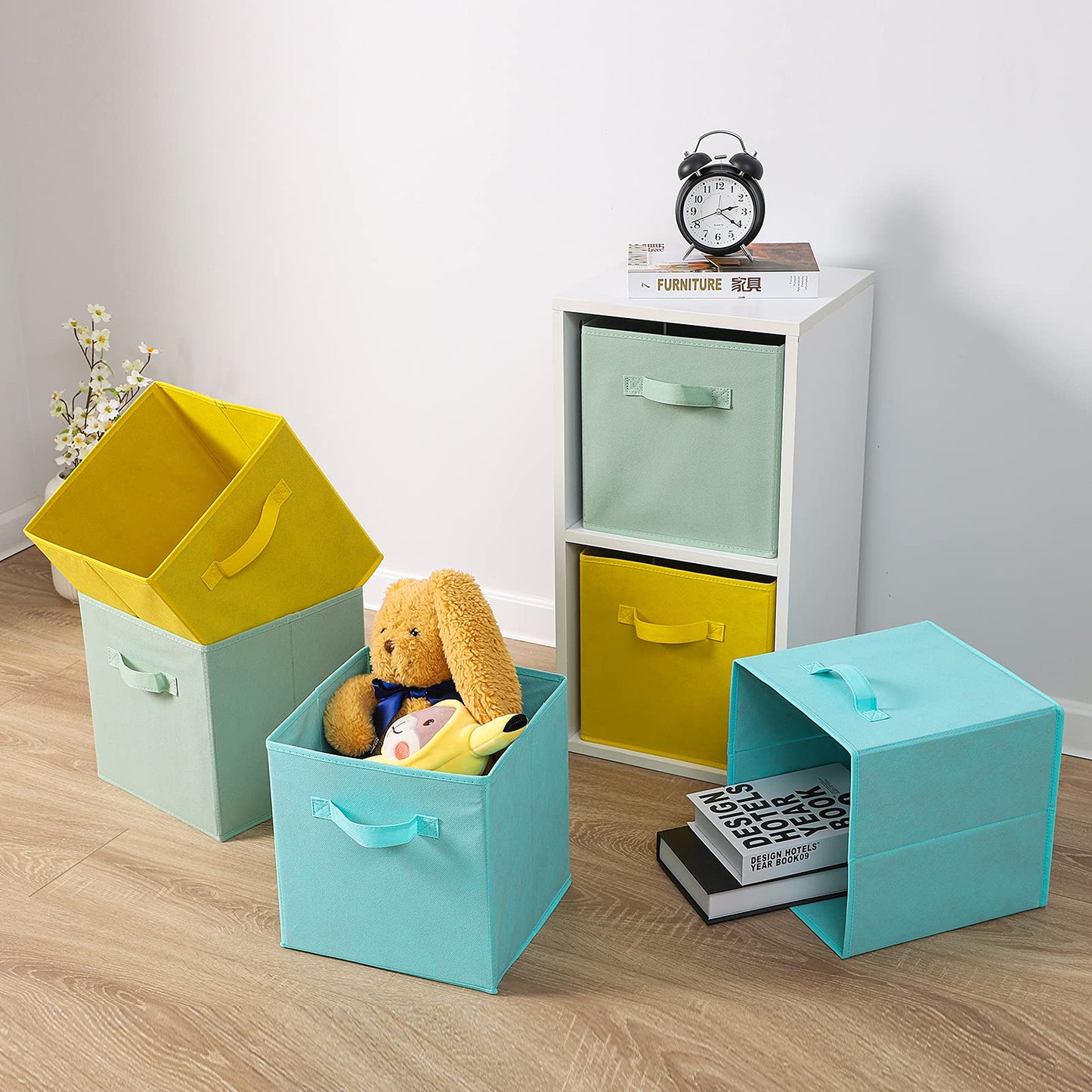 Cubos de tela para almacenamiento, paquete de 6, divertidos cubos de almacenamiento duraderos de colores con asas, cestas plegables para el hogar, juguetes, cian, verde, amarillo