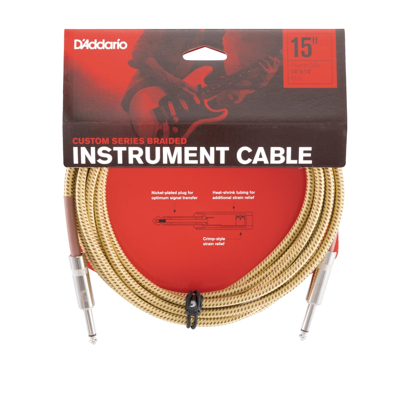 D'Addario Guitar Cable - Guitar Lead - Instrument Cable - Guitar Accessories - Custom Series Braided Cable - 15 Feet/4.57 Meters - Tweed - 1 Pack