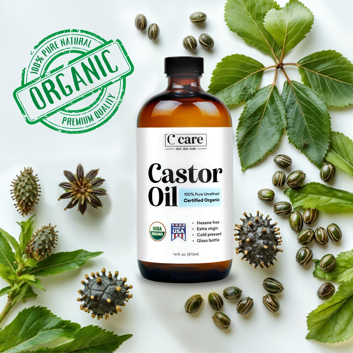 C CARE Aceite de Ricino Orgánico Prensado En Frío Sin Refinar Botella de Vidrio Sin Refinar Usda Certificado Puro Aceite de Ricino Orgánico Sin Hexano Virgen Extra para Crecimiento Del Cabello Cejas P