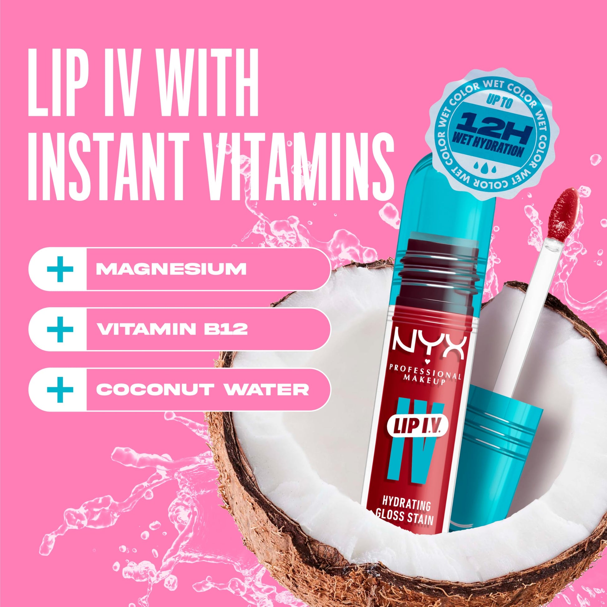 NYX Professional Makeup, LIP IV Gloss Serum Hidratante, Tono: Berry Thirsty. Tinta de Labios hidratante con alto pigmento infusionado con agua de coco y magnesio. Fórmula vegana.