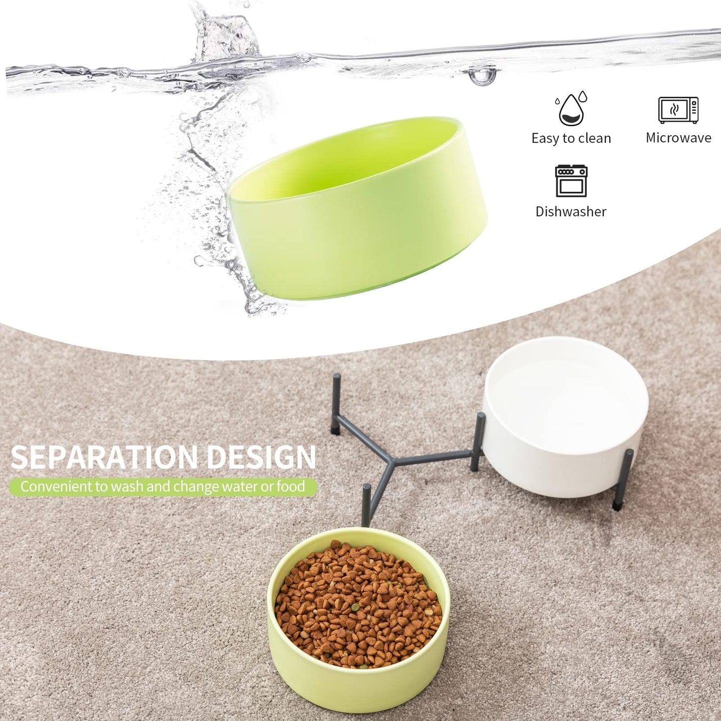 AOMRYOM Cuenco de cerámica para perros y gatos de 32 onzas con soporte de metal elevado, plato de cerámica para mascotas de 6 pulgadas para comida y agua, cuencos de alimentación para mascotas para gatos y perros, juego de 2 (blanco y verde claro)