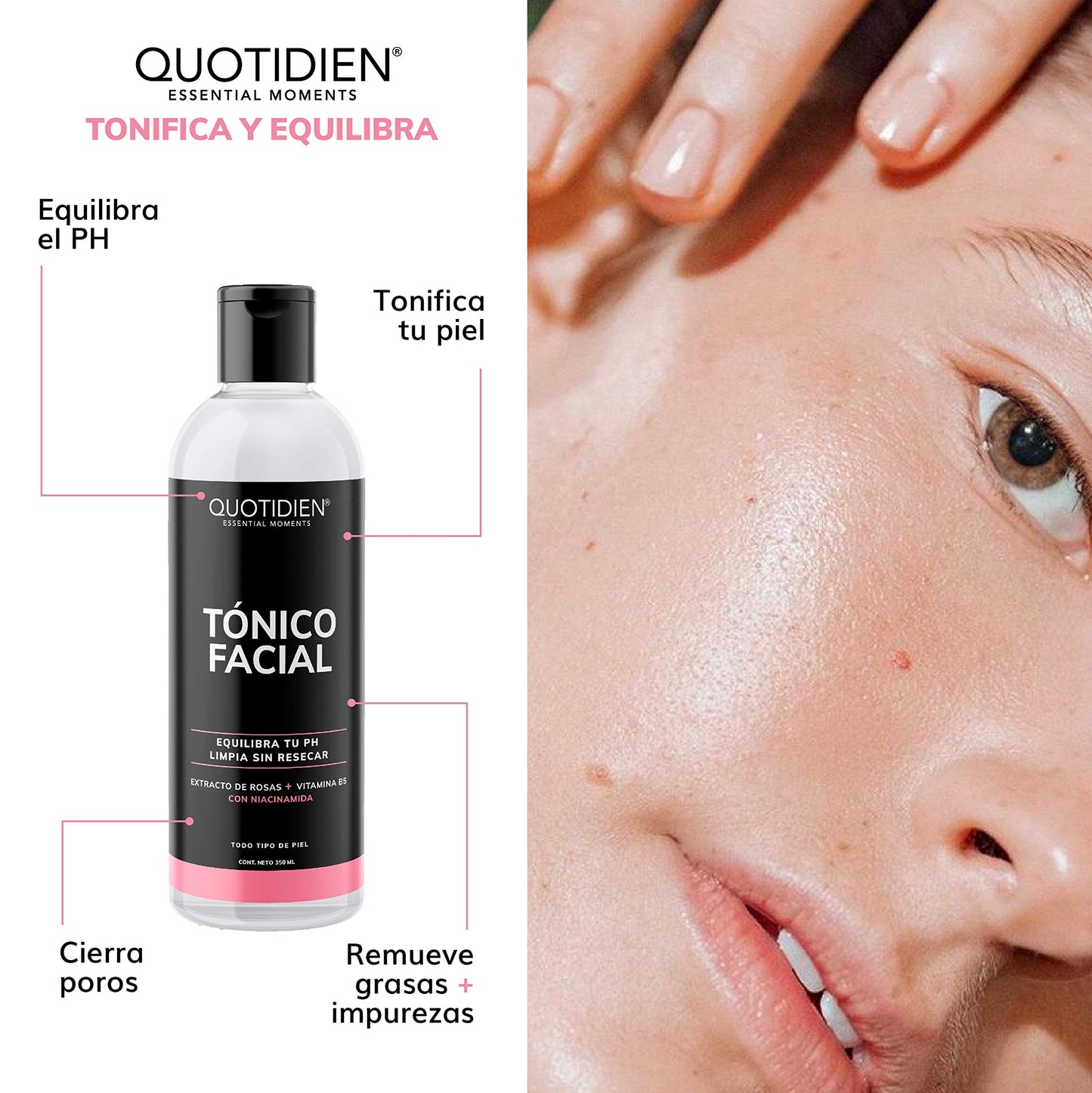 Kit 4 Pasos Quotidien: 1 Limpiador Facial 235 ml + 1 Tónico Facial 350 ml + 1 Serum Vitamina C 30ml + 1 Serum Ácido Hialurónico 30ml | Skincare Kit con Ingredientes Naturales - Limpia Profundamente, Equilibra el Ph, Cierra Poros, Aclara, Mejora la Textura