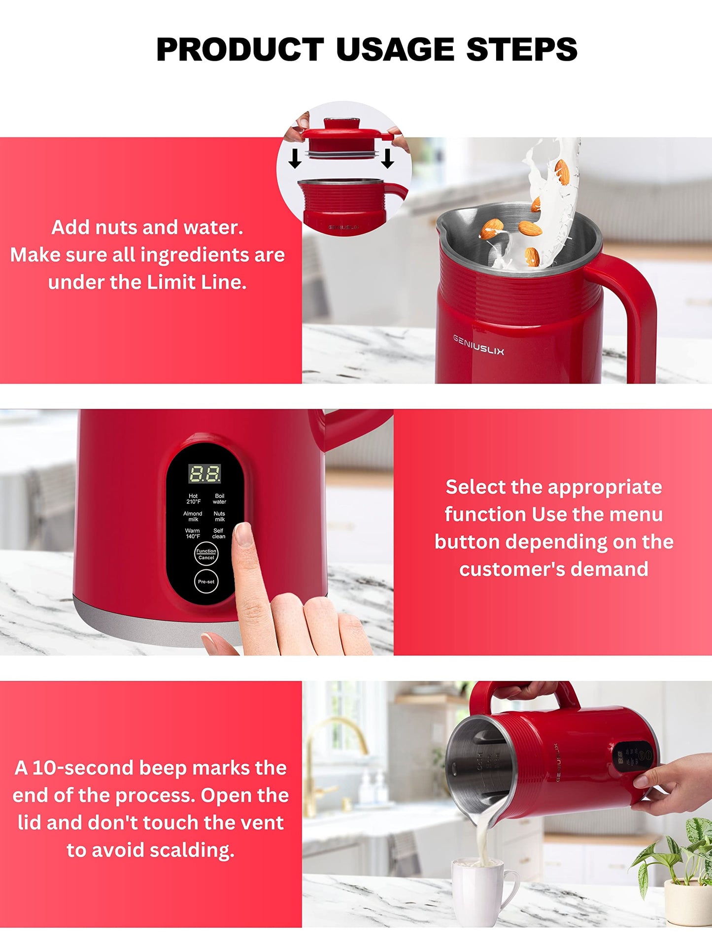 GENIUSLIX Máquina automática para hacer leche de nueces para leche casera a base de plantas con limpieza automática y control de temperatura, máquina de leche de soja, avena, coco, anacardo, almendra