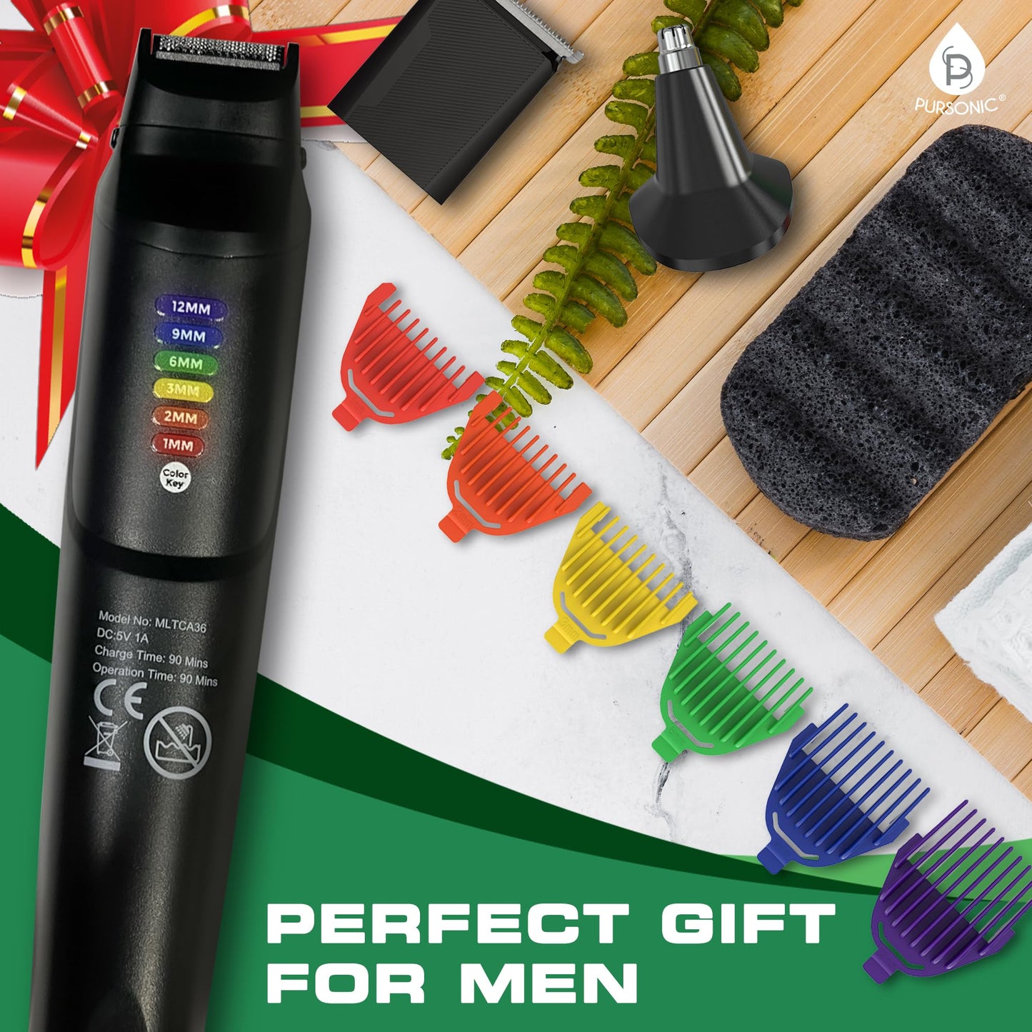 Pursonic Recortadora De Barba Y Cabello Para Hombre - 12 Unidades De Recortadoras De Barba Recargables E Inalámbricas Mario Lopez - Kit De Cuidado Integral Para Barba, Rostro, Nariz Y Orejas Regalo Id