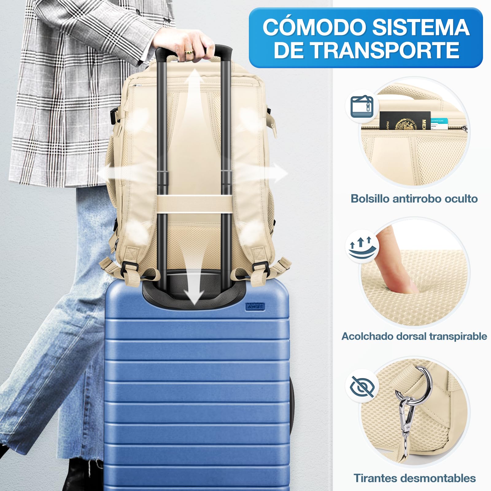 Mochila de Viaje para Laptop 15,6 Pulgadas Beige Impermeable de Gran Capacidad para Hombres y Mujeres