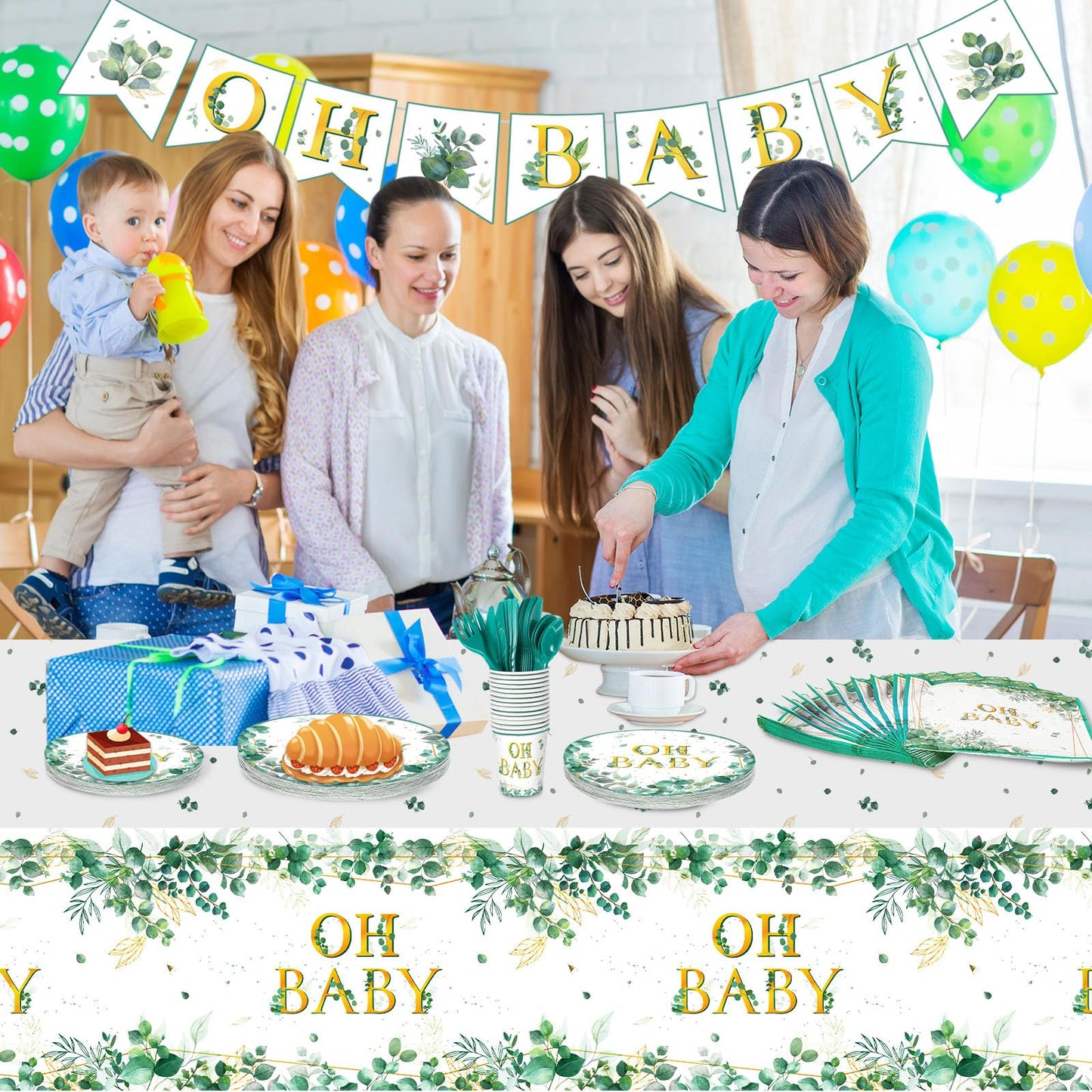Juego de vajilla de 180 piezas de Sage Greenery Oh para fiesta de bebé, mantel de hoja de eucalipto, 24 platos de cena, plato de postre y servilletas para niño y niña, salvia, suministros de decoración de fiesta
