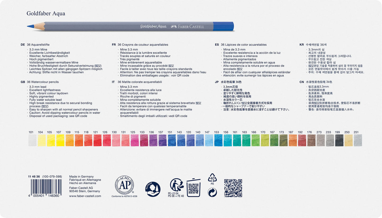 Faber-Castell Colores Goldfaber Acuarelables Para Arte con 36 Distintos Colores, estos lápices acuarelables permiten crear dibujos detallados como efectos acuarelados teniendo una experiencia creativa