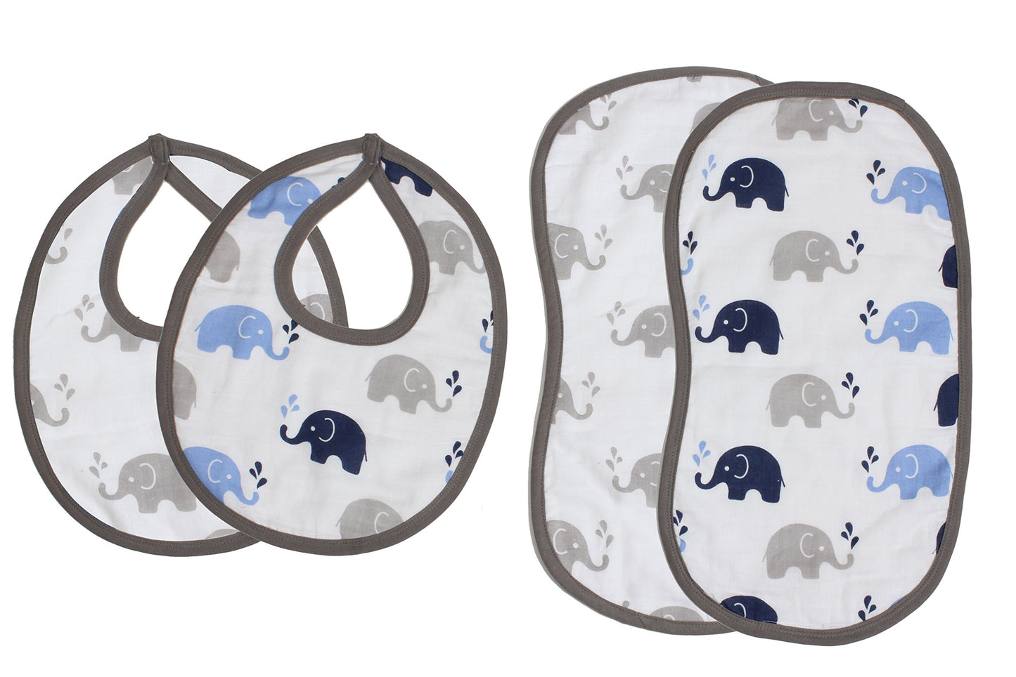 Bacati Elephants - Juego de baberos (muselina, 4 unidades), color azul y gris