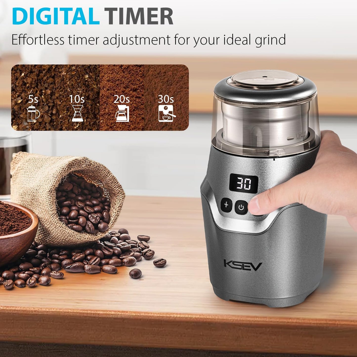KSEV - Molinillo de café eléctrico con temporizador de visualización digital, molinillo de hierbas de 150 W, gran capacidad de hasta 12 tazas, silencioso, función de bloqueo de seguridad, taza