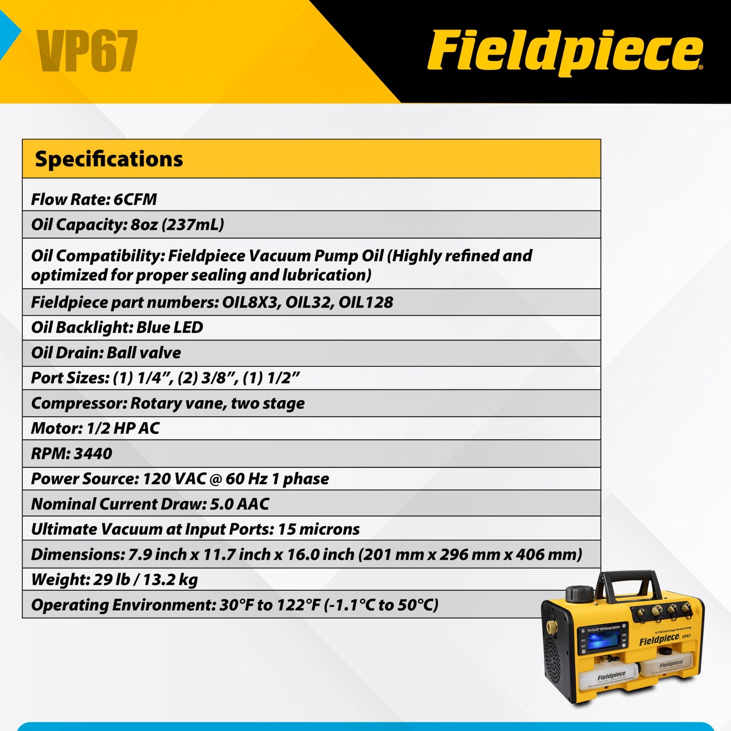 Fieldpiece VP67 - Bomba de aspiradora - 6 CFM, motor CC de 1/2 HP, sistema de cambio de aceite RunQuick - Portátil - Herramienta profesional HVAC - Compatible con A2L