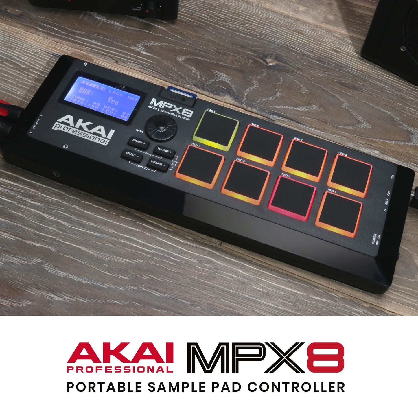 AKAI Professional MPX8 - Controlador MIDI y lanzador de samples portátil USB con 8 pads sensibles a la velocidad y ranura para tarjeta SD